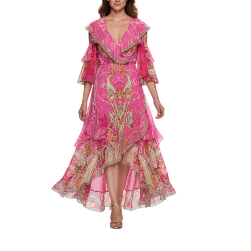 CAMILLA Silk Crystal Embellish Wrap Dress Sz S Pink Luxury Coastal Designer Boho